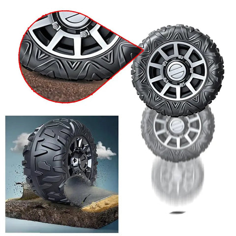 Close-up and full view of Two Pack 13 Inch EVA Solid Tire Set For Ride On Cars And SUVs Alligator Tire Tread Upgrade With 1.2 Cm Aperture