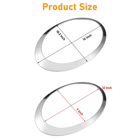 MINI Cooper Headlight Trim Ring Kit 2007-2013 R55 R56 R57 Dope Chrome Bezel Pair showing dimensions 14x10.3 and 12x9 inches