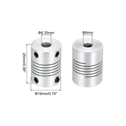 Beefy Five Pack 6.35mm To 6mm Aluminum Shaft Couplings Flexible 25mm L25xD19 Beams For Stepper Motors, 3D Printers, CNC Machines