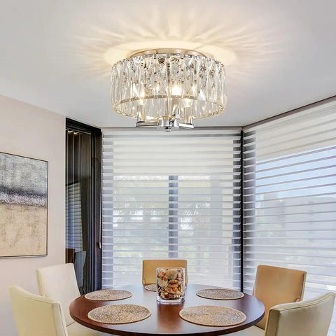 Dining room with K9 Crystal Flush Mount Ceiling Light Fixture in Chrome Finish, sparkling crystal sticks lampshade, modern decor.