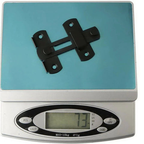 WUUWCHODC Stainless Steel Safety Snap Latch Door Bolt for Gate Hardware on a digital scale weighing 73 grams.