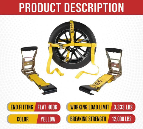 4 Pack 2 Inch By 10 Foot Wheel Tie Down Straps With Flat Hooks And Dual Ratchets For Car Hauling, 3,333 Lbs WLL, Yellow Webbing