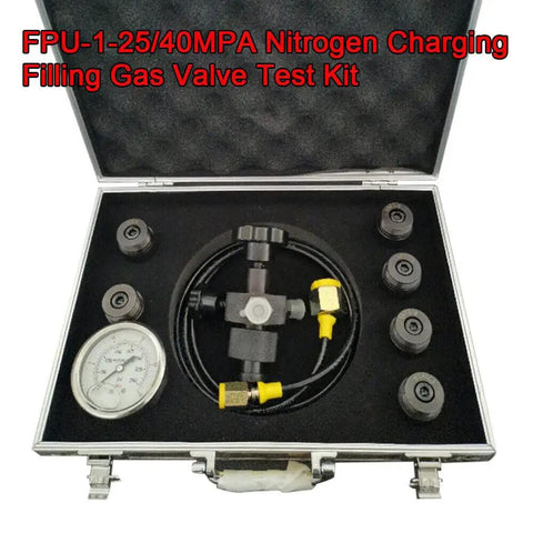 Nitrogen Charging And Pressure Test Kit For Hydraulic Accumulators, Gas Valve Tester And Inflation Tool in carrying case.