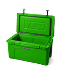Heavy Duty 65 Quart Rotomolded Hard Shell Cooler Locks In Frost All Day Long To Keep Cold Brews And Fresh Catch Chilled For Tailgates Or Summer Getaways In Canopy Green, open view showing interior.