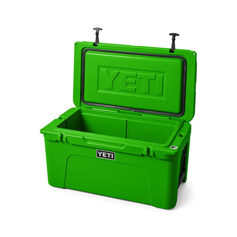Heavy Duty 65 Quart Rotomolded Hard Shell Cooler Locks In Frost All Day Long To Keep Cold Brews And Fresh Catch Chilled For Tailgates Or Summer Getaways In Canopy Green, open view showing interior.