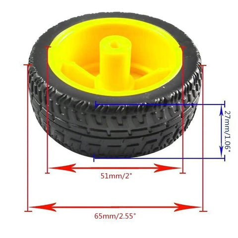 Two Sets Plastic Tire Wheel With Gear Motor Dual Shaft For Smart Car Robot Arduino, 65x28mm Tire, Yellow Rim Detail