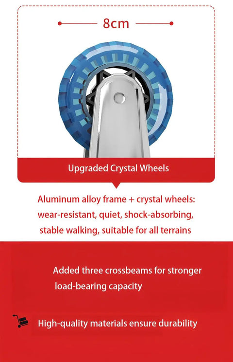 Rugged Foldable Stair Climbing Hand Truck With Six Durable PU Wheels And Steel Frame Trolley For Easy Transport A Real Workhorse That Folds Flat For Quick Storage In Your Truck Garage Or Closet. 8cm crystal wheel close-up, aluminum alloy frame