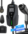 Level 2 EV Charger 40 Amp 9.6kW Lightning Fast Home Charge With 25 Foot Cable NEMA 14 50 Plug Adjustable Current 240 Volt Timing Delay J1772 Compatible BEVs And PHEVs shown with components and carry bag.