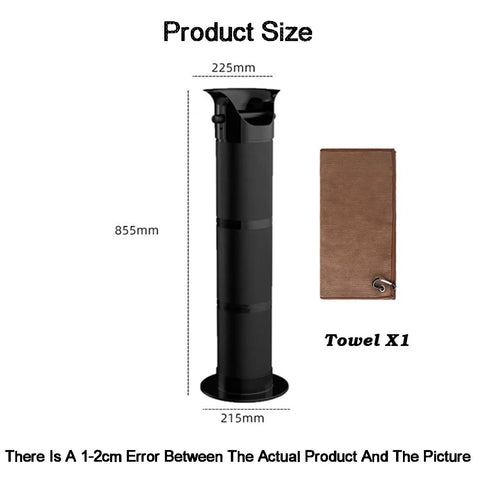 Heavy Duty Espresso Knock Box With Quick Release Drip Tray And Premium Barista Towel, measurement details and included towel shown.