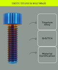 Ultra Lightweight M6x20 Grade 6 Titanium Hex Socket Cap Screws For Road And Gravel Bikes Burnt Blue Finish Ti6Al4V Aluminum Free Weight Weenie Upgrade Bombproof Cycle Parts 4 Pack Set, close-up of a blue titanium cap screw.