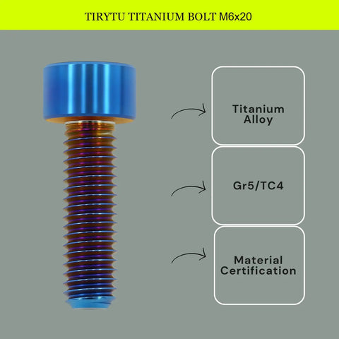 Ultra Lightweight M6x20 Grade 6 Titanium Hex Socket Cap Screws For Road And Gravel Bikes Burnt Blue Finish Ti6Al4V Aluminum Free Weight Weenie Upgrade Bombproof Cycle Parts 4 Pack Set, close-up of a blue titanium cap screw.