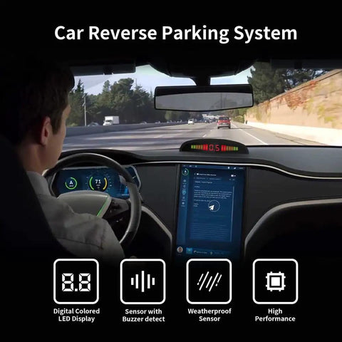 Driver in car using Wireless Parking Sensor System With 4 Blue Backup Sensors, LED Distance Display, And Sound Warnings installed.