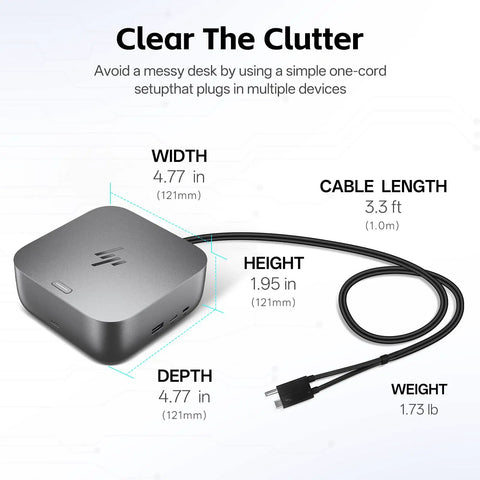 Thunderbolt 4 Docking Station For Laptop Charging Bundle Delivering Dual Screen Hookup And 280W Power Adapter With Hdmi And Displayport Cables, dimensions shown.