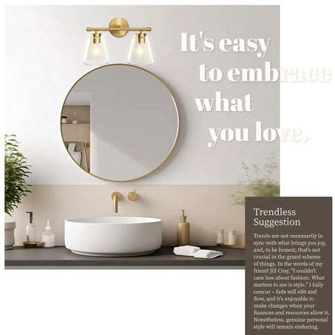 Bathroom setup with 2 Light Gold Brass Vanity Wall Lights Over Mirror With Clear Glass Shades For Bathroom Kitchen And Living Room Durable Anti Rust Finish Damp Location Rated Modern Sconce Lighting.