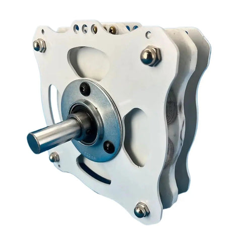 Heavy-Duty 1000W DIY Disc Permanent Magnet Coreless Generator Steel Plate Kit close-up showing steel axle and white acrylic housing.
