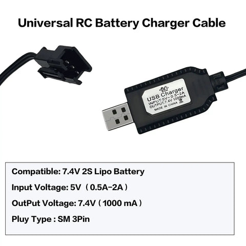 Universal 2 Pack 7.4V USB Charger Cable With SM3PIN Plug, RC Toys Battery Charger With Battery Protection, Fast Charge