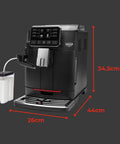 Zero Stress Super Automatic Espresso Machine With Integrated Milk Frother For Silky Latte Creations featuring dimensions and sleek matte black finish.
