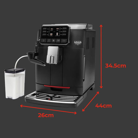 Zero Stress Super Automatic Espresso Machine With Integrated Milk Frother For Silky Latte Creations featuring dimensions and sleek matte black finish.