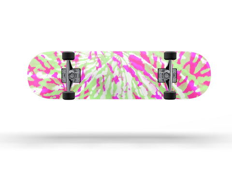 Top view of a skateboard deck with Spiral Tie Dye Vinyl Wrap Kit For Skateboard Decks Decorative And Scratch Resistant Skin design.