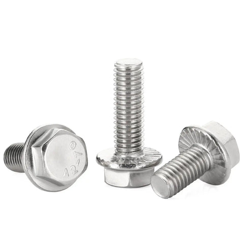Badass 1/4-20 X 1 Inch Flange Hex Head Bolts, Stainless Steel 304 fully threaded, showcased in a detail view.