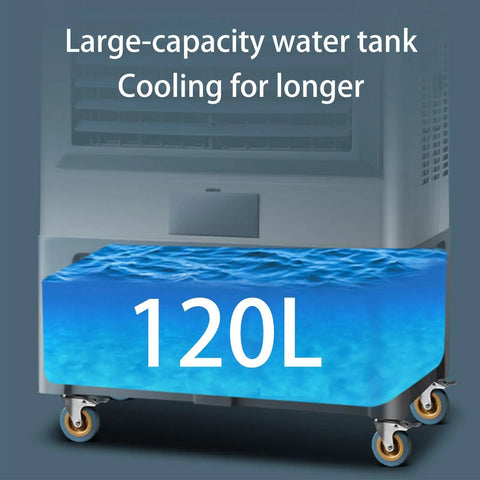 Top Shelf Portable Swamp Cooler With Honeycomb Evaporative Cooling Pads And Ice Water Tank showing 120L water tank for extended cooling.