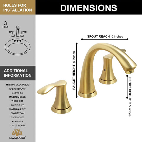 Diagram of Brushed Gold 3 Hole 8 Inch Widespread Bathroom Faucet With Two Handles, Solid Brass, includes installation dimensions.