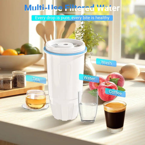 Close-up of replacement water filter next to glasses of tea, water, coffee, and fruit for multi-use filtration.