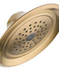RP48686CZ No-Fuss Single-Setting Raincan Showerhead in champagne bronze, angled view showing 7.5-inch spray face and rubber nubs.