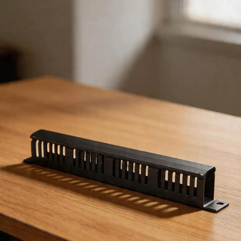 Rock Solid 24 Port Network Patch Panel For 19 Inch Rack Mount With Standard Rj45 Jacks Heavy Duty Cable Management Gear Total Wire Wrangler For Server Rooms And It Closets Black Finish on wooden table.