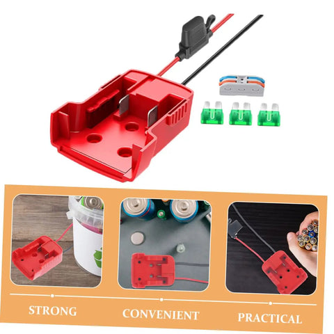 Lithium Battery Adapter Conversion Kit For Power Tools Easy DIY Install shows red adapter and connectors on white background.