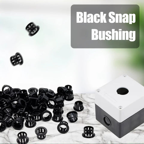 60 Pack 1/2 Inch Snap In Cable Bushing Grommets in black nylon next to enclosure, for wires and hoses protection with 13mm mounting.
