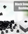 Three Eighths Inch Snap In Cable Bushing Grommet Kit In Black Nylon, Sixty Count For Wire Management, DIY Projects, And Easy Mounting With Durable Wear Resistant Nylon For Auto, Marine, And Home Wiring. Black snap-in cable bushing grommets on panel