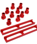 Three Quarter Inch Aluminum Bench Dog Set For 19mm MFT Table Holes With Non Slip Pad, red components on white background