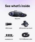 Pro Dash Camera For Cars With Dual Front And Cabin View Night Vision accessories including charger, mount, and cables.