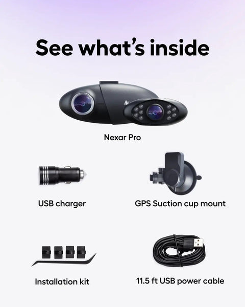 Pro Dash Camera For Cars With Dual Front And Cabin View Night Vision accessories including charger, mount, and cables.