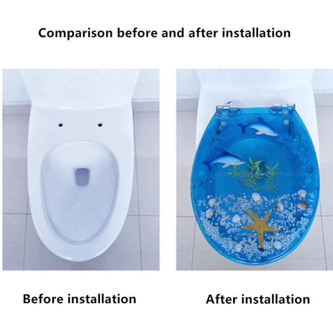 Comparison of Super Slick Low Drama Auto Closing Toilet Seat With Silent Drop Lid And Transparent Fish Motif before and after installation.