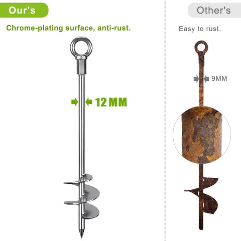 Comparison of 30 Inch Ground Screw In Anchors: 12mm Chrome-Plated vs 9mm Rusted Steel
