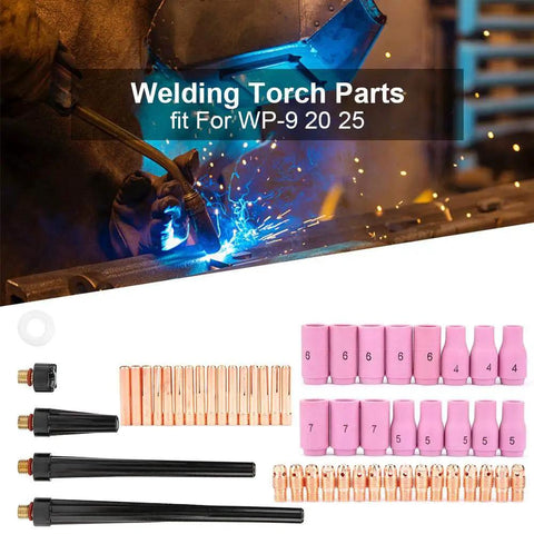 Tig Welding Consumables Kit With Gas Lens Cups Collets And Bodies For WP 9 20 25 Torches 53 Pcs Assorted Nozzles Displayed
