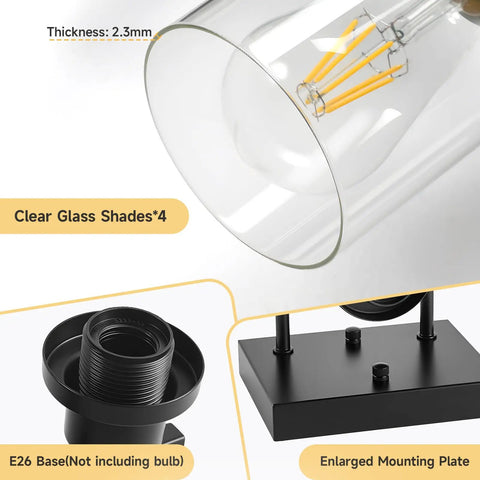 Top Shelf 4 Light Bathroom Vanity Light With Clear Glass Sleeves matte black base and E26 socket detail view.