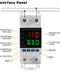 Voltage Protector For Home And Office Electronics 110V 220V AC And DC 80 To 300V, 1 To 63A Adjustable Smart Circuit Breaker With Overvoltage And Undervoltage Cutoff, DIN Rail Mount, Two Pack Keeps Your Gear Safe., front-face panel with voltage and current display