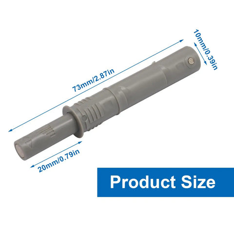 Slick Magnetic Push To Open Latches, 73mm gray plastic latch size with dimensions for kitchen drawers and cabinets.