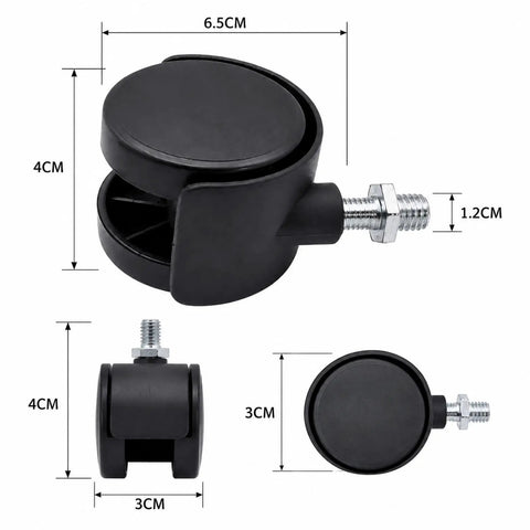 RuiJOTWAT 2Pcs Caster Wheels for Oil-Filled Radiators, black plastic swivel wheel, dimensions shown, designed for furniture and heaters.