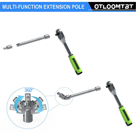 Quarter Inch Drive Ratchet Socket Set With Metric 4mm To 14mm Sockets showing ratchets and drill adapter with green handles.