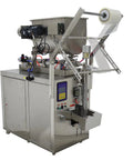 Industrial Grade Game Changer Automatic Paste And Liquid Filling Machine With Quick Mix Hopper For Thick Sauces Honey Olive Oil Vinegar Auto Bag Sealer Plus Cutting System 110V with stainless steel finish and mixing hopper.