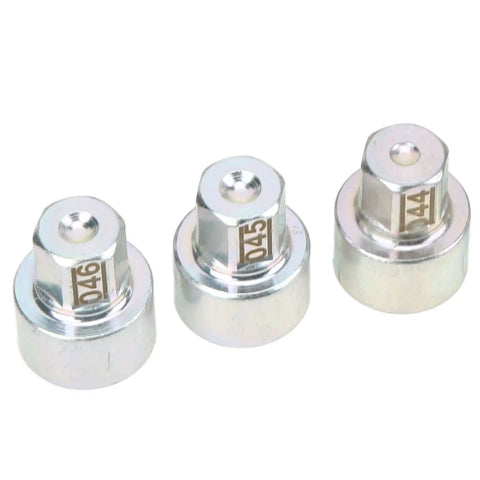 Close-up of three metal sockets from the High Strength Wheel Lock Lug Nut Socket Set With Durable Metal Construction And Storage Case 20 Piece Anti Theft Tool Kit For Cars Quick Wheel Removal And Easy Wheel Repairs On Most Vehicles.