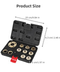 Pro Tier Brass Router Template Bushing Guide Set With Bulletproof Lock Nut Adapter And Portable Carry Case showing dimensions in inches.