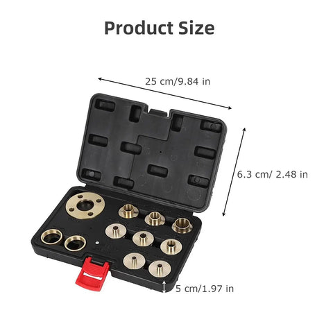 Pro Tier Brass Router Template Bushing Guide Set With Bulletproof Lock Nut Adapter And Portable Carry Case showing dimensions in inches.