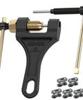 Front view of RZEOZU 420-530 motorcycle chain breaker tool with brass rods and chain master link pieces