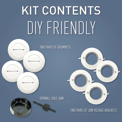 Kit contents including grommets, low voltage brackets, and drywall hole saw for Cord Cover With Grommets For Wall Mounted TV Cables, 2 Pack
