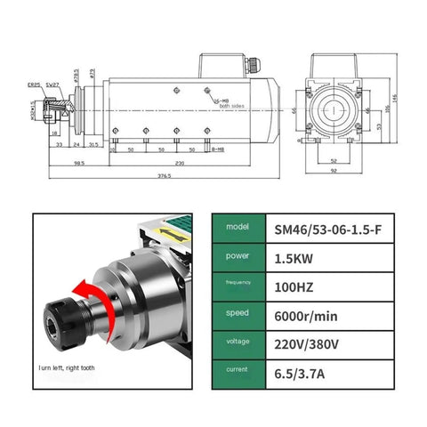 Diagram and specifications of Beefed Up 1.5KW CNC Spindle Motor 6000RPM High Speed 220V 380V ER25 Collet, waterproof design